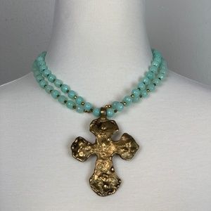 🔥🔥🔥 Brass Cross Necklace with Turquoise Beads